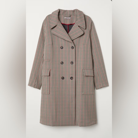 H&M Jackets & Blazers - H&M Double-Breasted Checked Trench Coat in Brown and Red